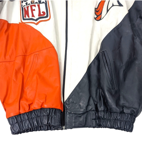 Vintage 90s Denver Broncos Leather Jacket Bootleg Mens XL Orange Blue Football - Picture 6 of 14